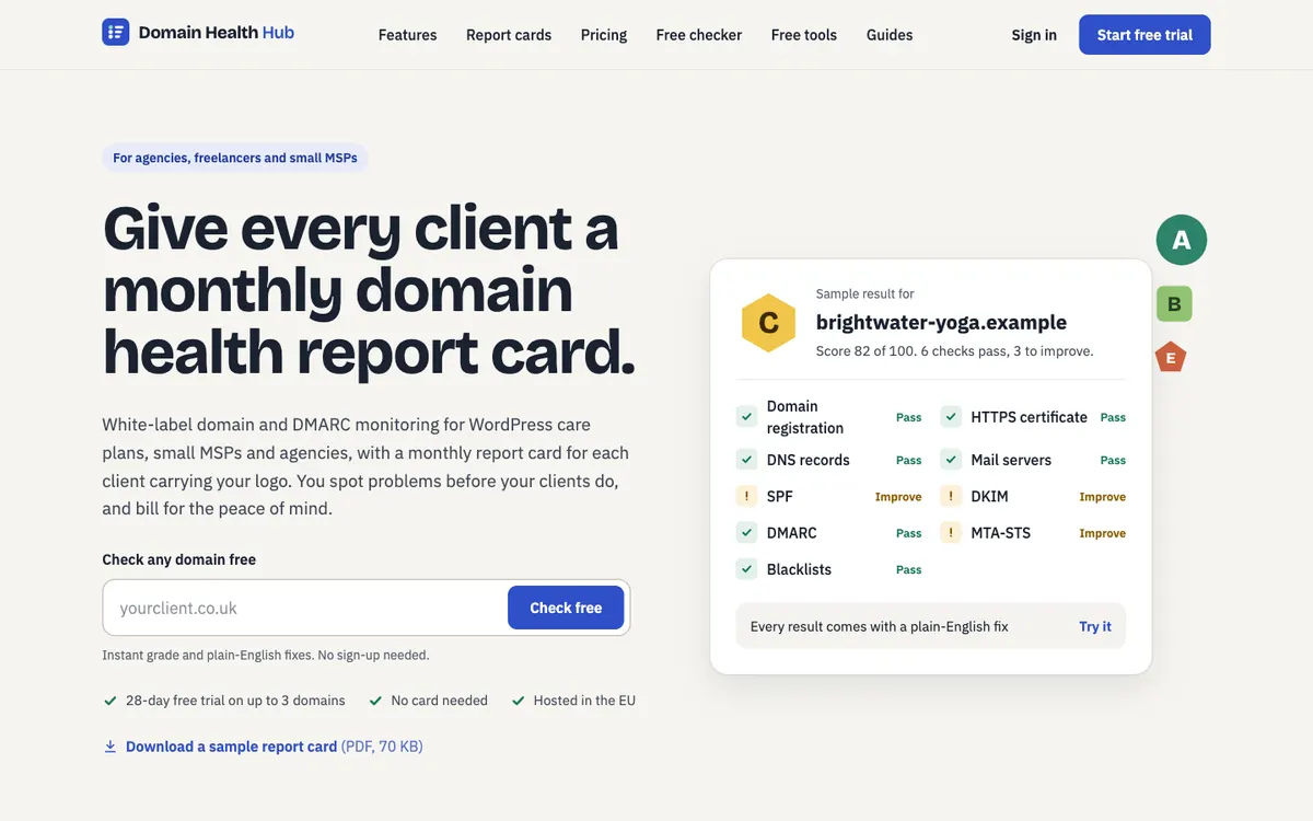Domain Health Hub dashboard